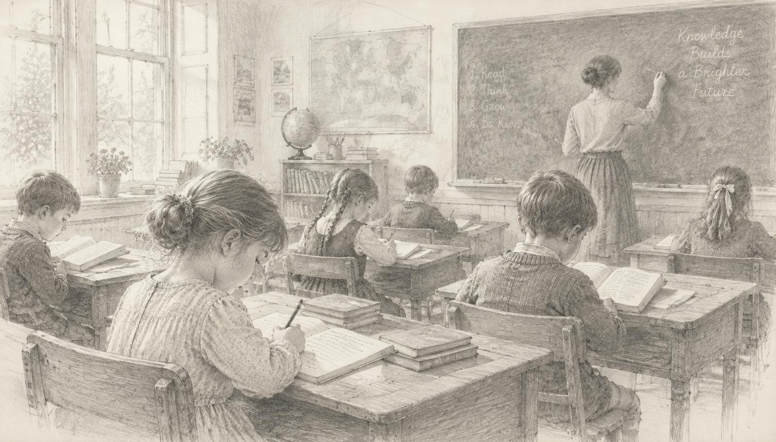 Pencil sketch of children studying in a classroom